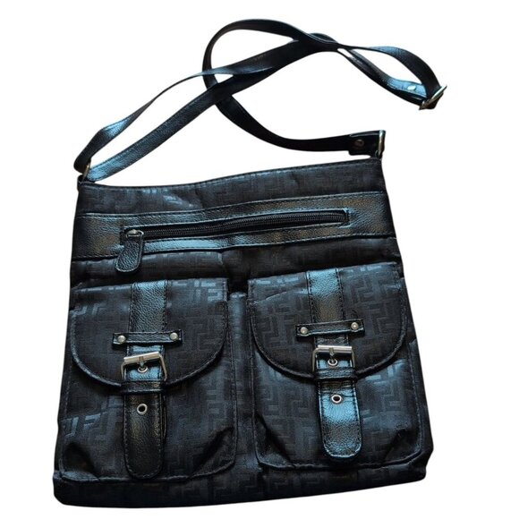 Denver Hayes Crossbody Purse in a Black Leather Geographic with adjustable Strap - Picture 1 of 6